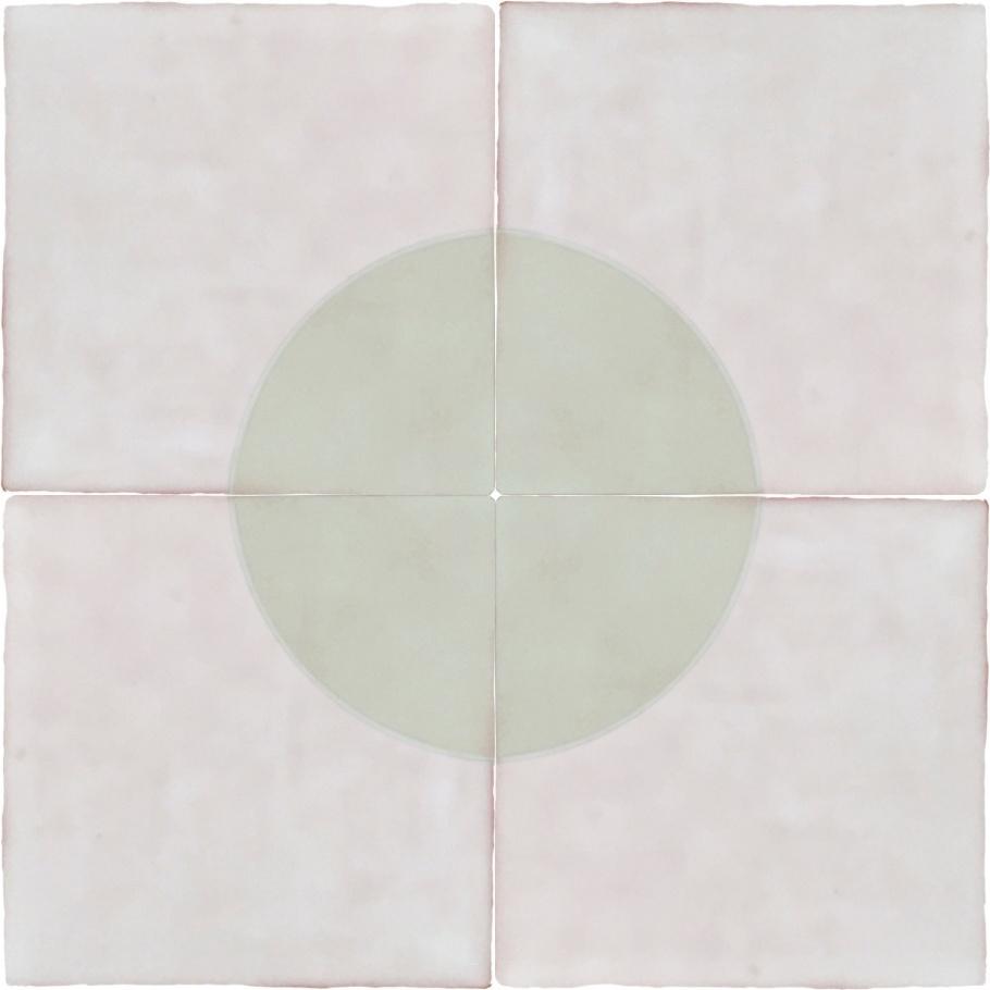 A minimalist artwork featuring a large pale circle centered within a soft, textured background divided into quadrants.