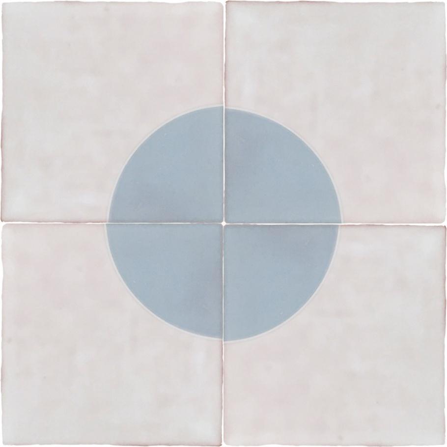 A minimalist artwork featuring a large blue circle set against a pale pink background, divided into four equal squares.