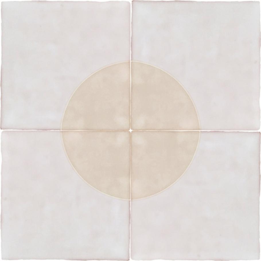 A simplified abstract composition featuring a central circle, surrounded by a soft divided square grid in muted tones.