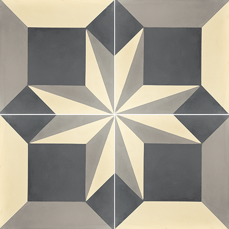 A geometric tile design featuring a large, eight-pointed star in various shades of gray and cream, arranged in a symmetrical pattern.