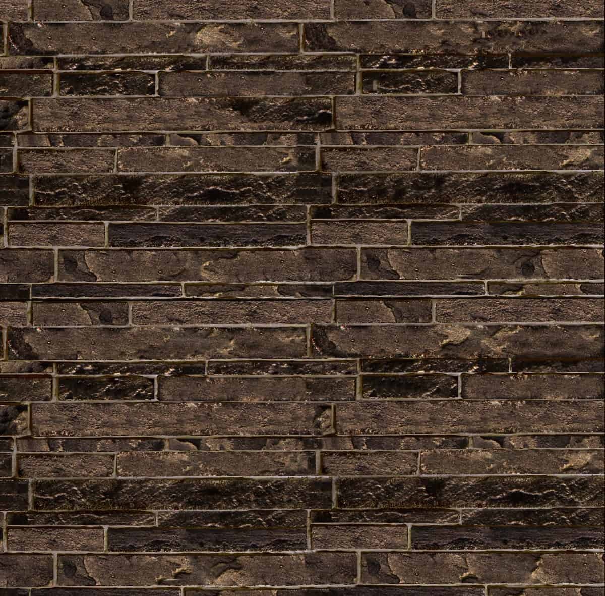 A textured wall of dark, stacked stone bricks arranged in an alternating pattern, enhancing depth and visual interest.