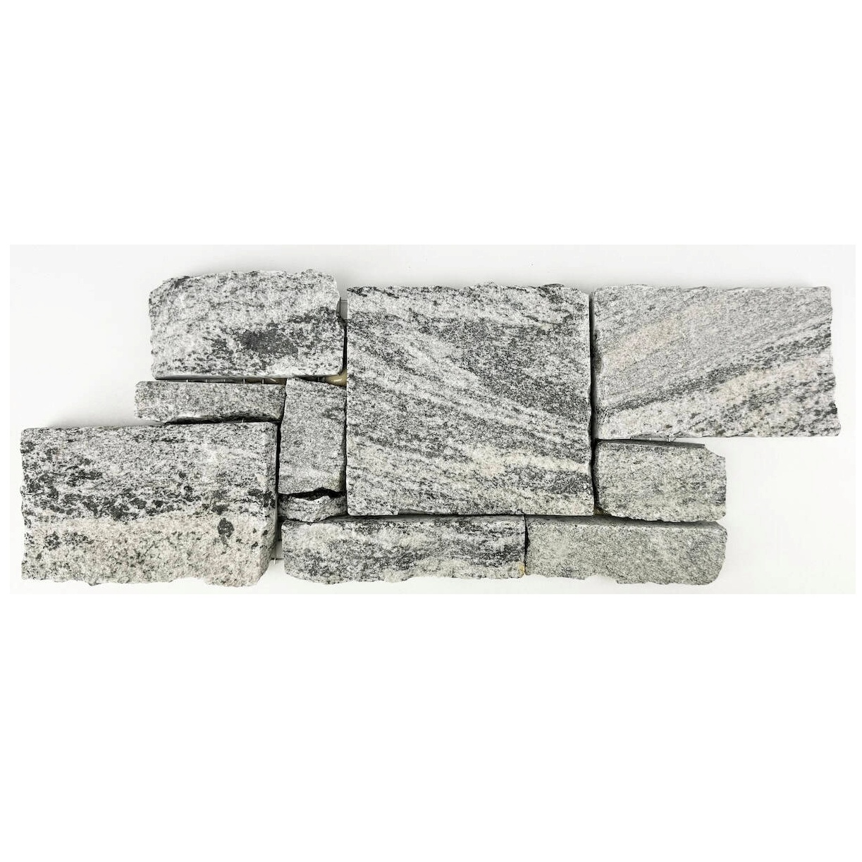 A collection of rectangular and irregularly-shaped gray granite stones arranged in a staggered pattern, showcasing various textures and colors.