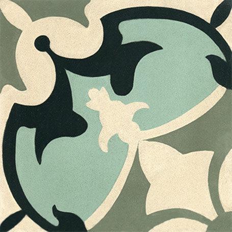 Intricate tile pattern featuring black, teal, and cream colors, with a symmetrical design emphasizing curves and floral elements.