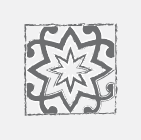 A geometric, star-like design featuring intricate lines and curves, presented in a monochromatic color scheme with a textured border.
