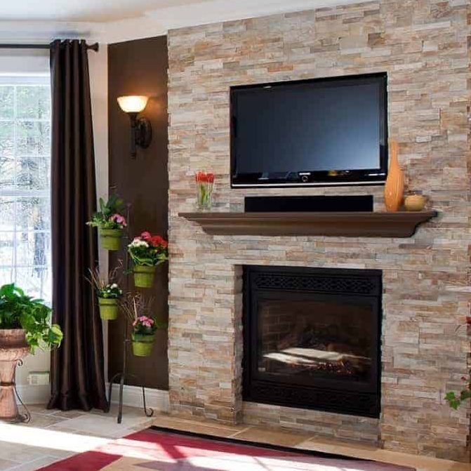 A cozy living room with a stone fireplace, wall-mounted TV, and decorative plants in pots, complemented by natural light and rich curtains.