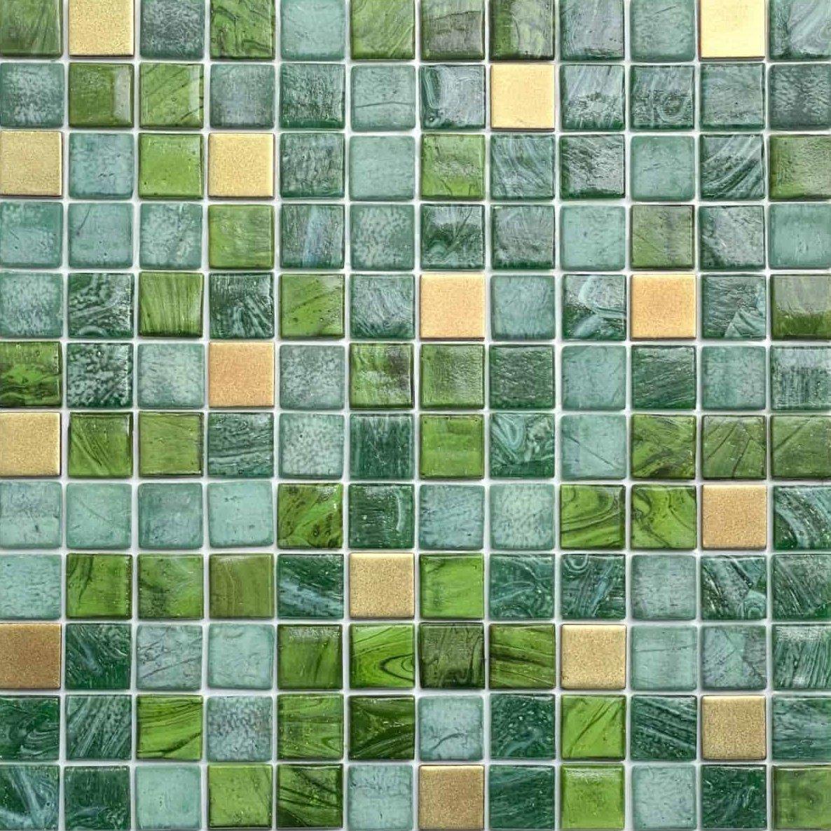 A textured mosaic of small square tiles in green and gold hues, arranged in a grid pattern.