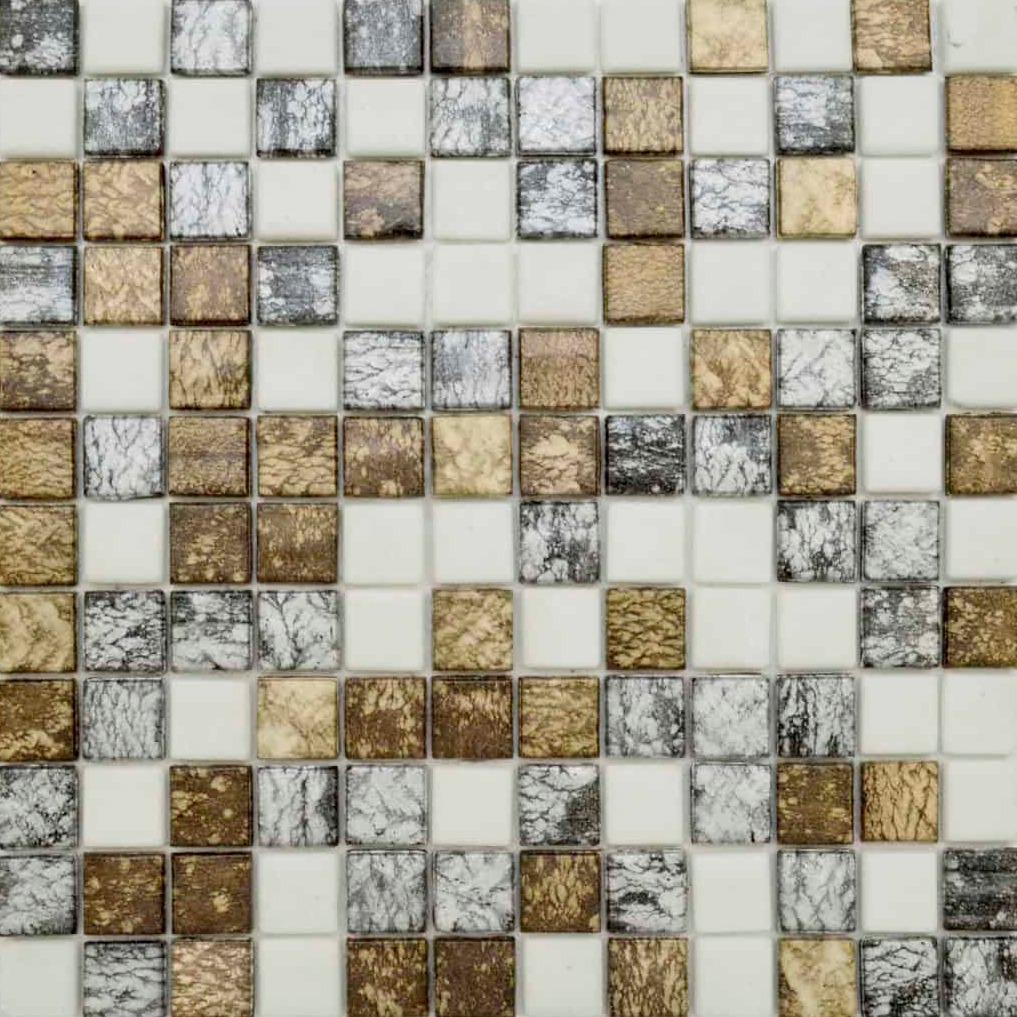 A mosaic pattern composed of small tiles in various shades of brown, gold, and silver, arranged to create a textured design.