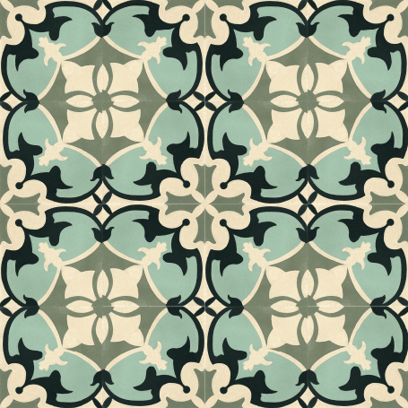 A symmetrical pattern featuring intricate floral designs in shades of teal, cream, and black, creating a visually appealing tiled effect.