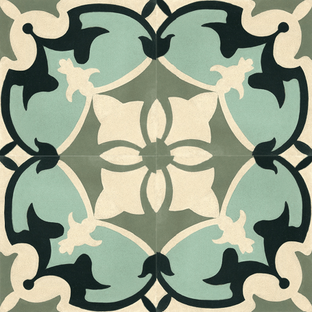 Intricate tile pattern featuring swirling floral motifs in soft blue, green, black, and cream colors, creating a harmonious and elegant design.