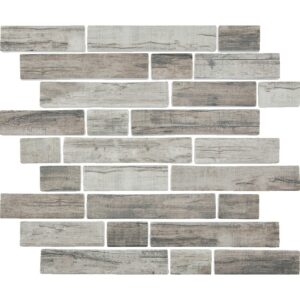 A textured wall design featuring rectangular tiles in shades of gray, resembling weathered wood.