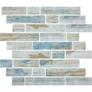 A mosaic of rectangular tiles in varying shades of blue, beige, and white, resembling a weathered wooden surface.
