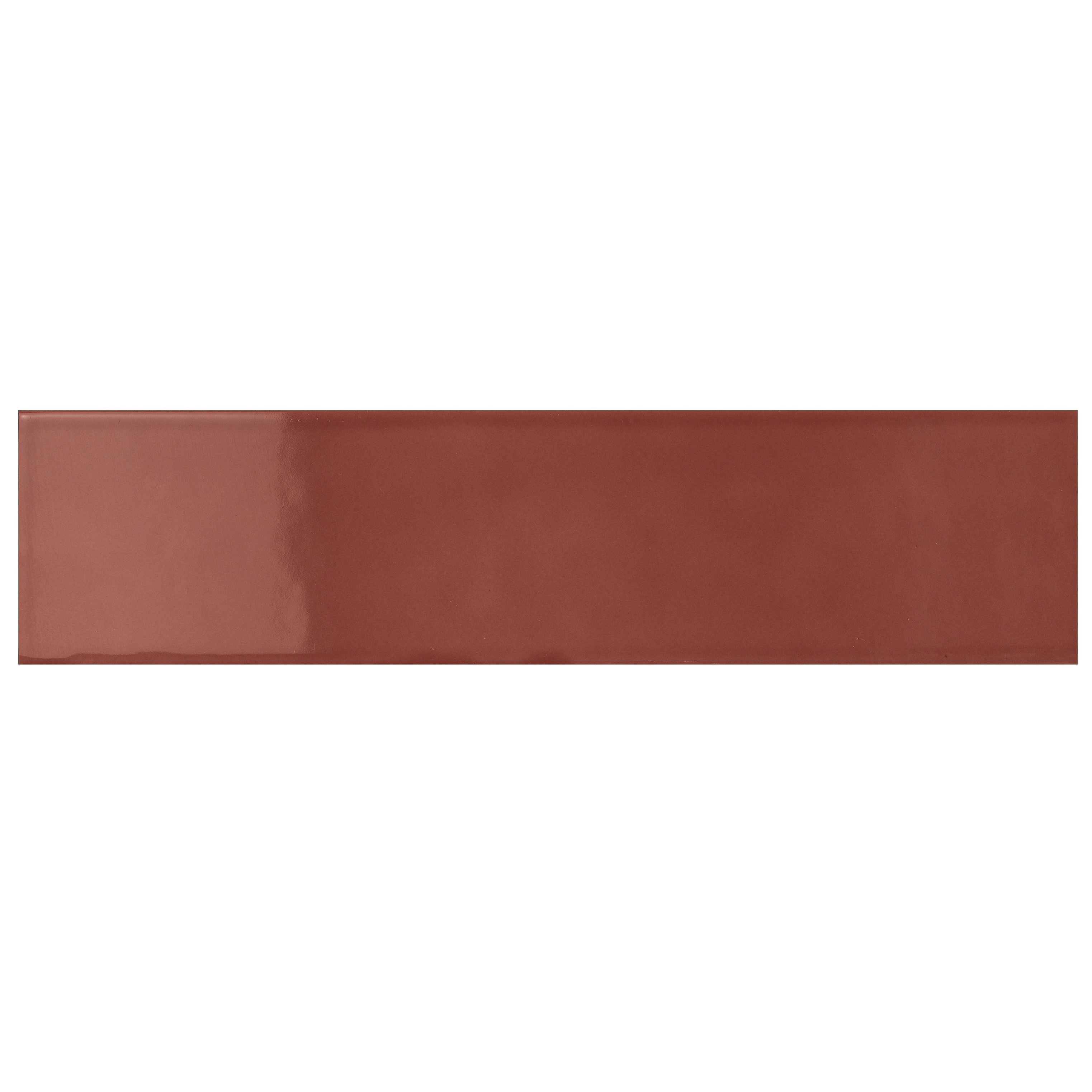 A glossy, rectangular tile in a deep reddish-brown color, suitable for various interior design projects.