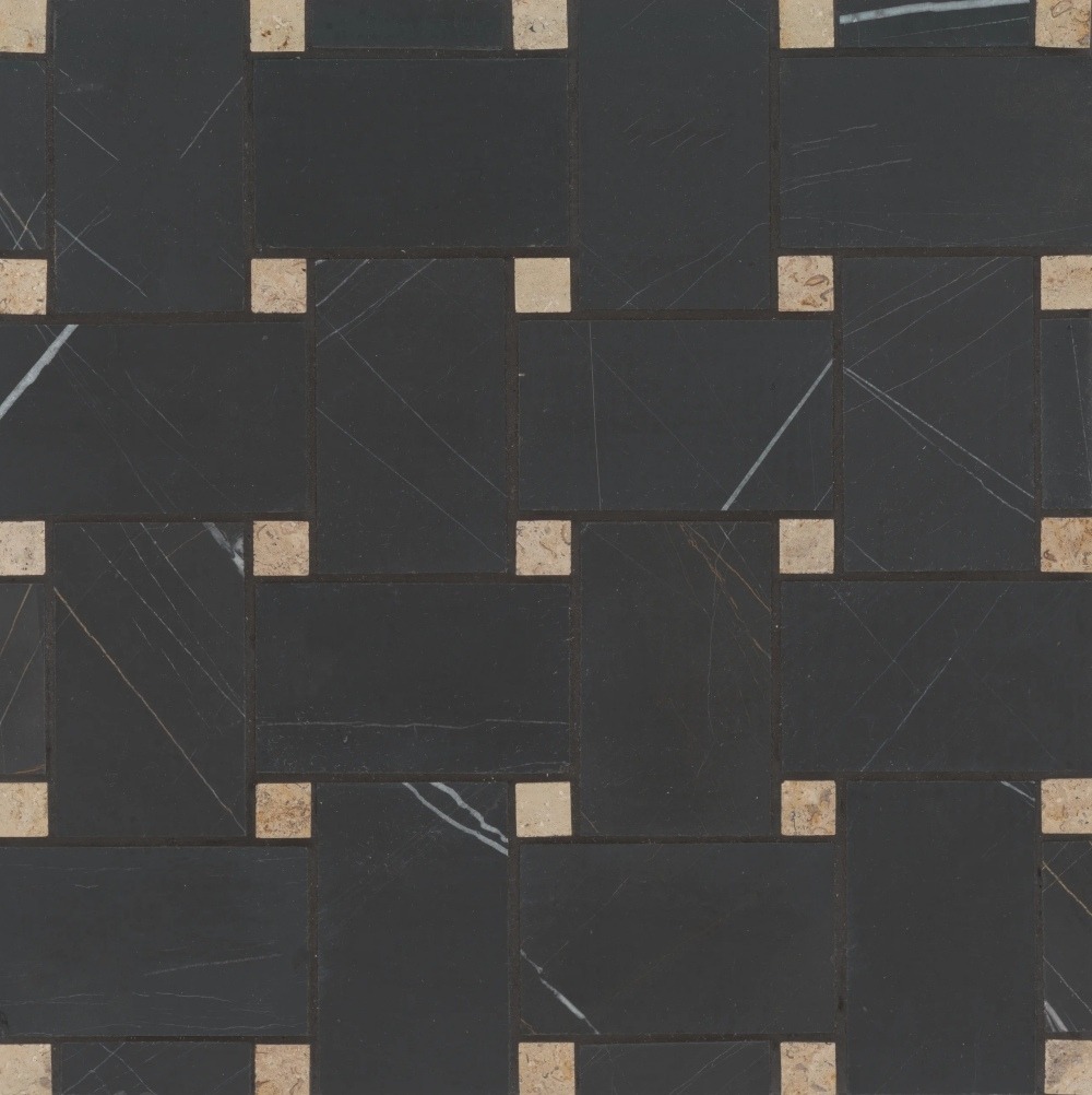 A textured surface featuring a geometric pattern of black tiles with light-colored accents, creating a modern and stylish visual effect.
