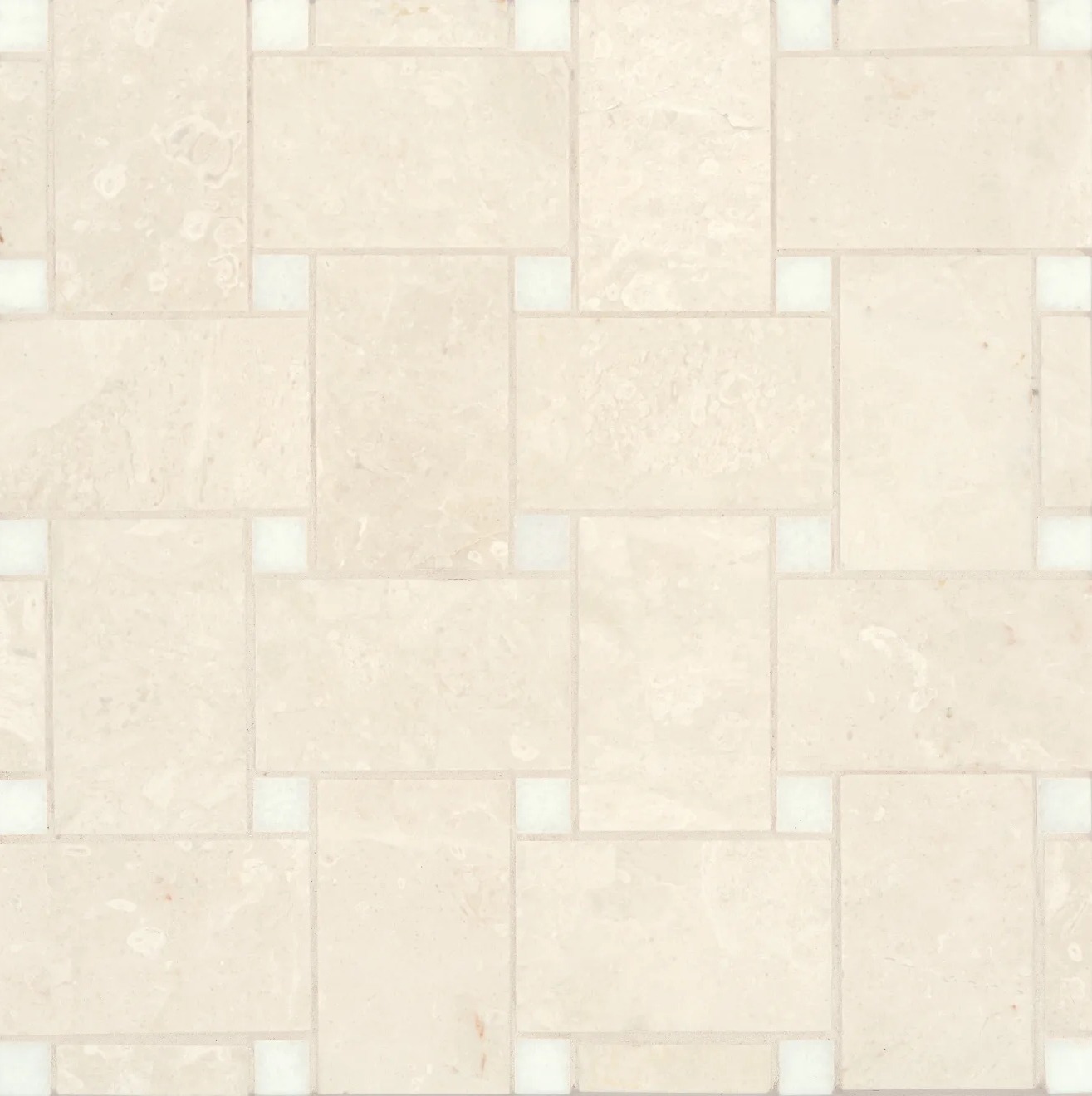 A light-colored mosaic tile pattern featuring rectangular pieces interspersed with small square accents, creating a sophisticated and classic look.