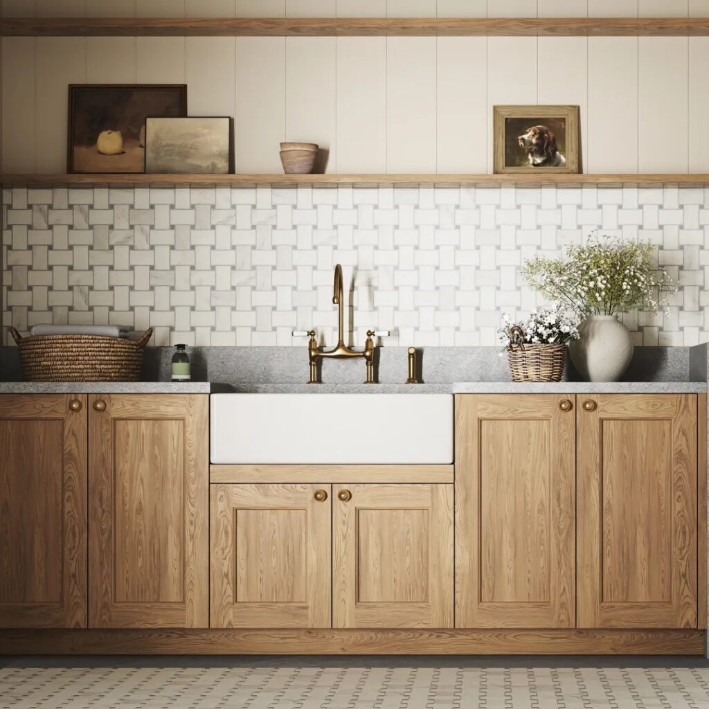 Jumbo Basketweave Honed Marble in Oriental White with Cinder Grey Dot