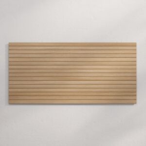 A smooth wooden panel featuring evenly spaced horizontal grooves, set against a light background.