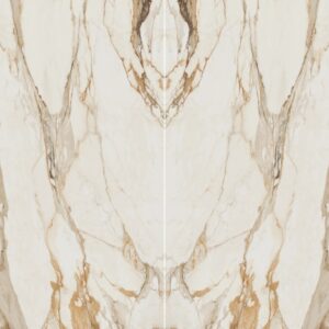 A symmetrical marble pattern featuring beige and white tones with subtle veins of gold, creating an elegant and luxurious appearance.