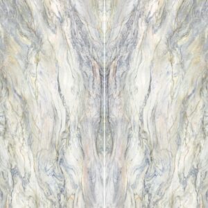 A symmetrical pattern of soft, muted colors resembling marble, with swirling textures of gray, white, and subtle gold accents.