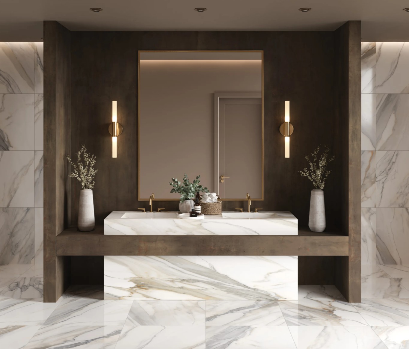 A stylish bathroom featuring a marble countertop, elegant lighting, and decorative plants, creating a modern and serene atmosphere.
