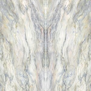 A symmetrical pattern resembling swirling marble, characterized by soft beige, gray, and hints of gold veining, creating an elegant appearance.