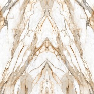 A polished marble surface with a symmetrical pattern, featuring creamy white tones and intricate golden veining.