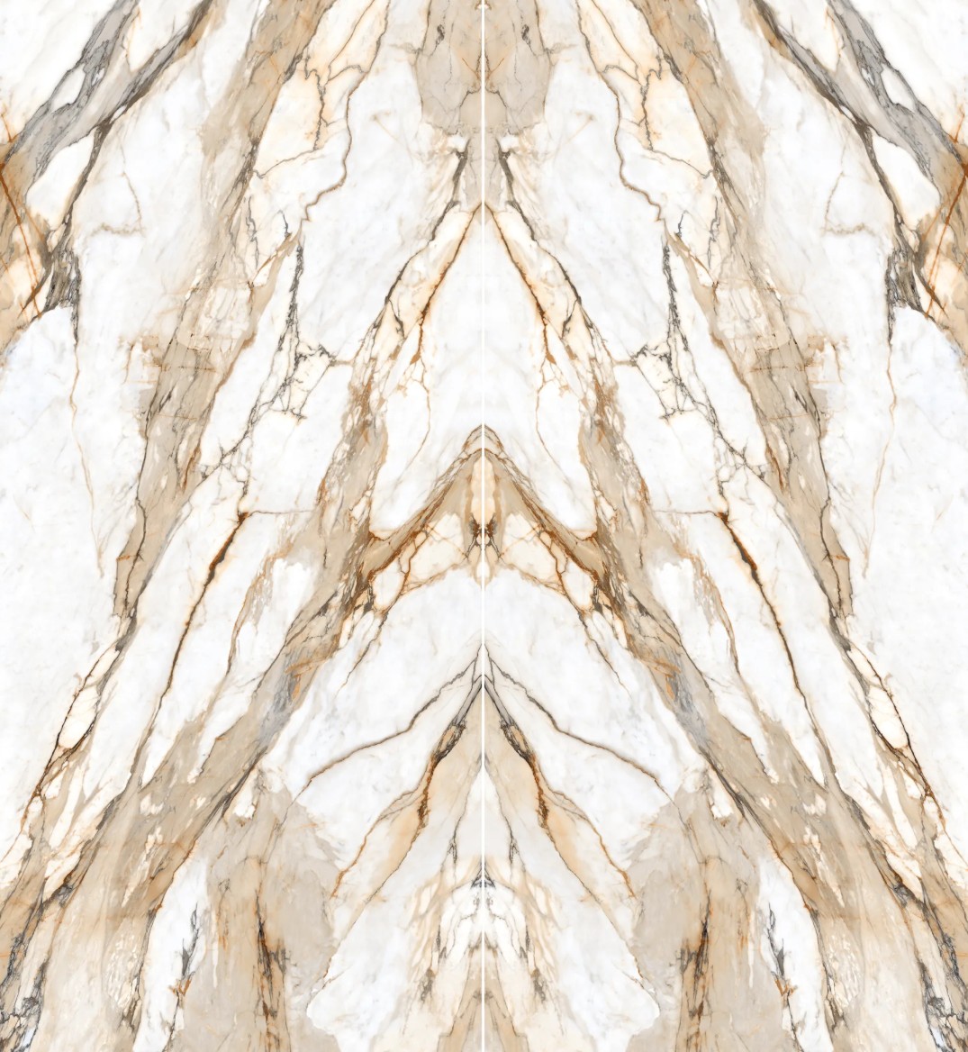 A polished marble surface with a symmetrical pattern, featuring creamy white tones and intricate golden veining.