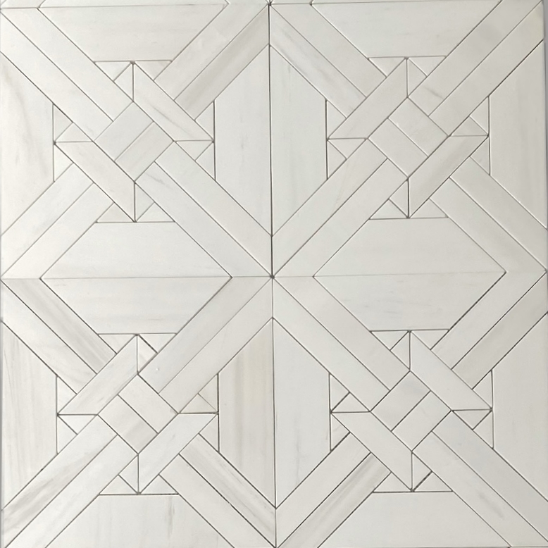 Intricate geometric pattern in shades of white, featuring interwoven lines and shapes that create a visually appealing tile design.