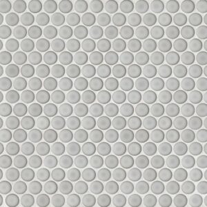A seamless pattern of small, glossy round tiles in varying shades of white and gray.