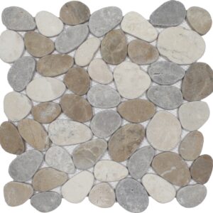 Ocean Stones Coin Mosaic Light Grey, Tan and White