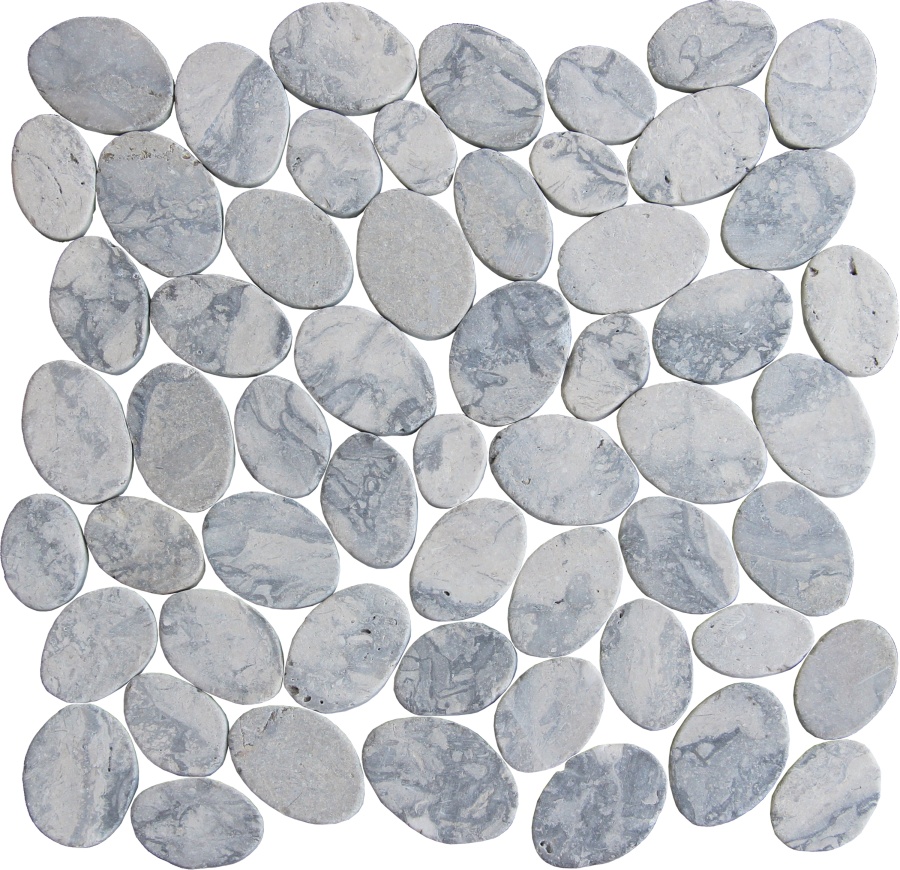 A collection of smooth, oval-shaped stones in various shades of gray, arranged closely together on a flat surface.