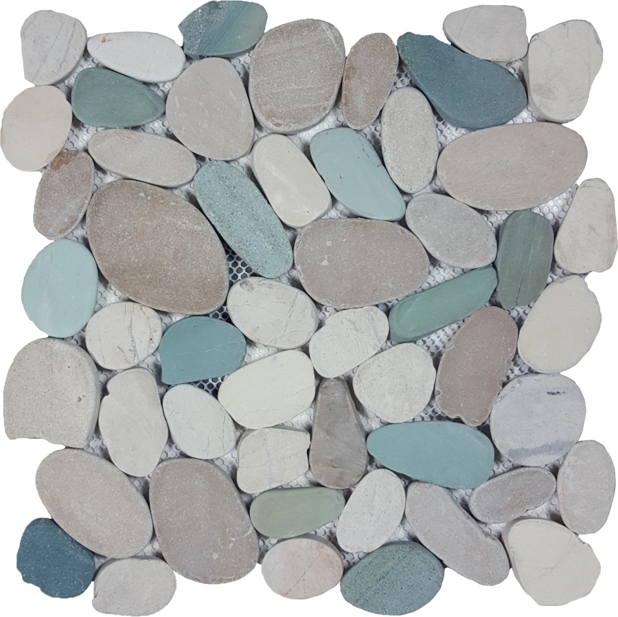 A mosaic of variously colored pebbles and stones arranged in a visually appealing pattern.