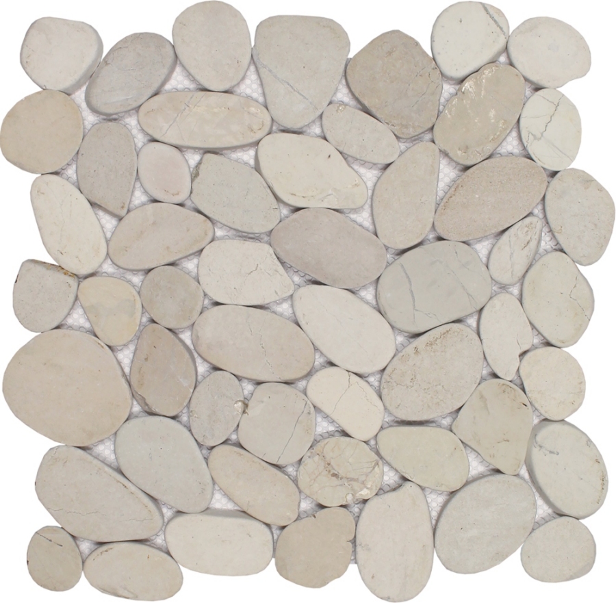 A collection of smooth, rounded stones in shades of white and gray, arranged in a free-form pattern.