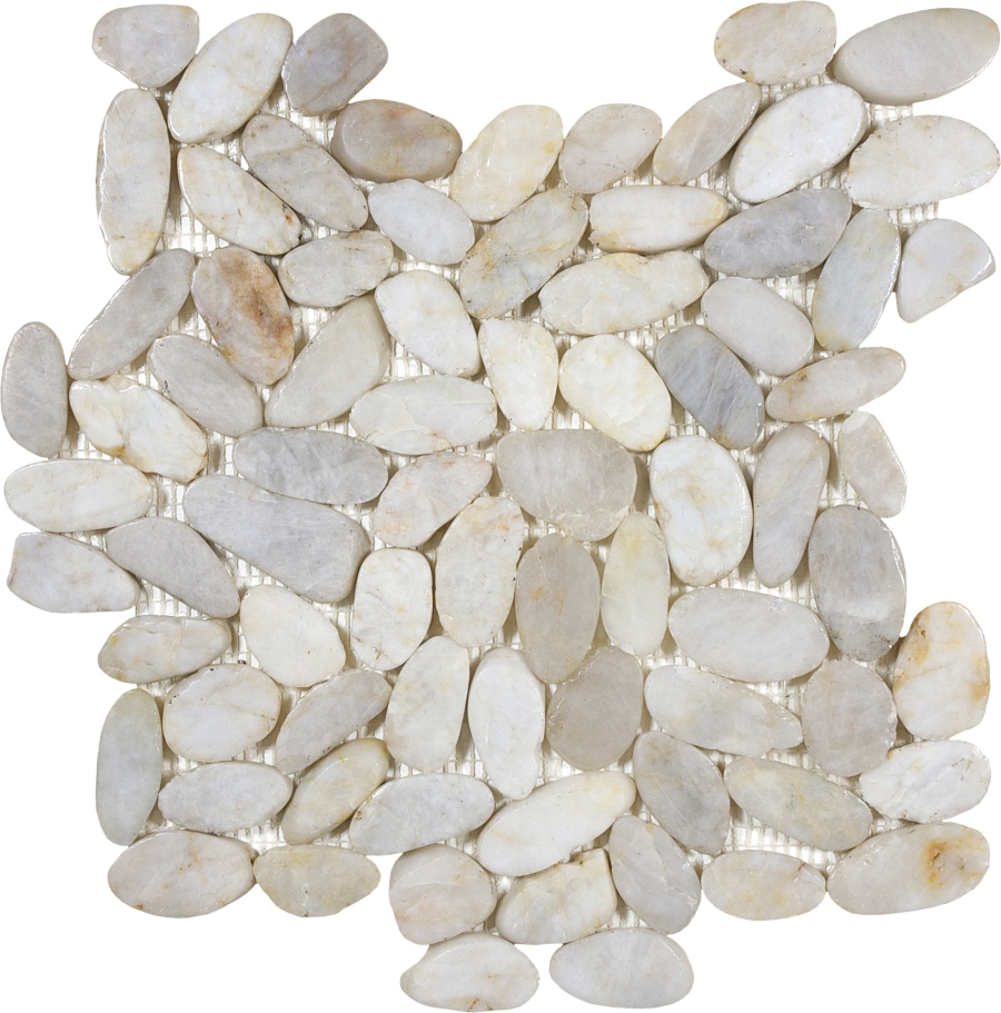A mosaic of smooth, light-colored pebbles arranged in a square pattern, showcasing natural textures and shapes.