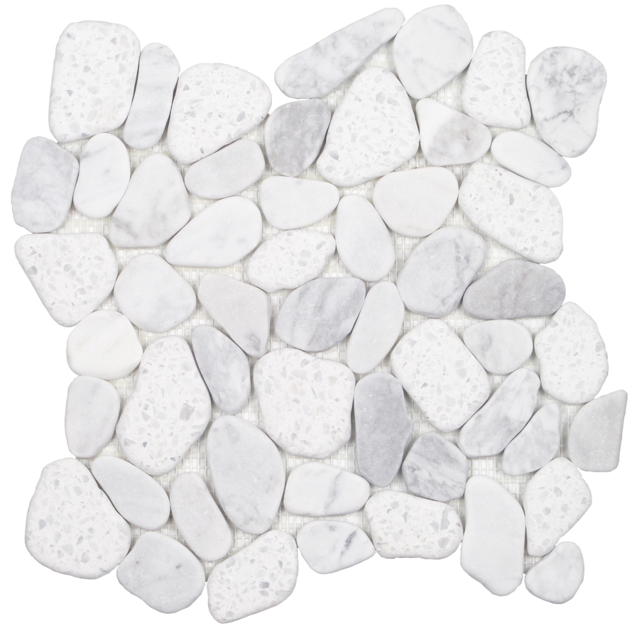 A collection of smooth, polished white and gray stones arranged closely together, showcasing various shapes and sizes.