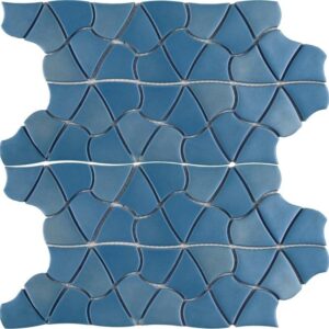 A textured tile arrangement featuring varying shades of blue, creating an organic and flowing pattern reminiscent of petals.