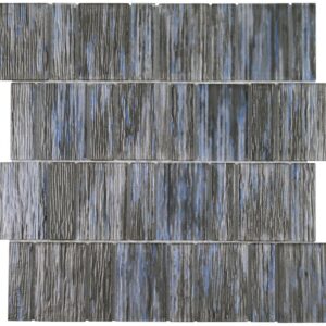 Horizontal arrangement of textured tiles in shades of gray with blue accents, resembling wood grain patterns.