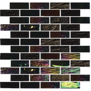 A mosaic layout of glossy, black tiles with various colorful patterns and textures, arranged in a brick-like formation.