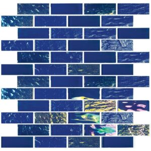 A mosaic of blue tiles with varying textures and patterns, some featuring colorful marine life and abstract designs.