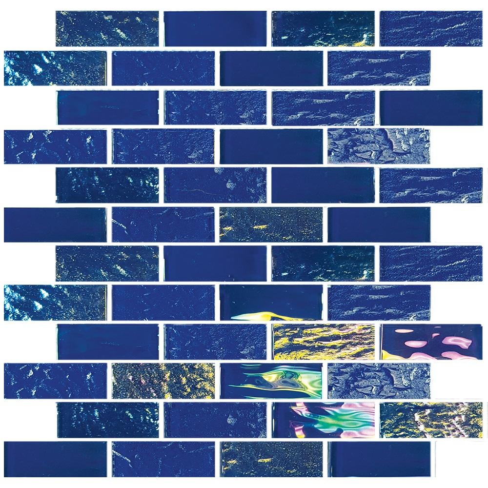 A mosaic of blue tiles with varying textures and patterns, some featuring colorful marine life and abstract designs.