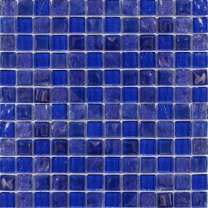 A mosaic pattern composed of small, glossy blue tiles arranged uniformly in a grid layout.