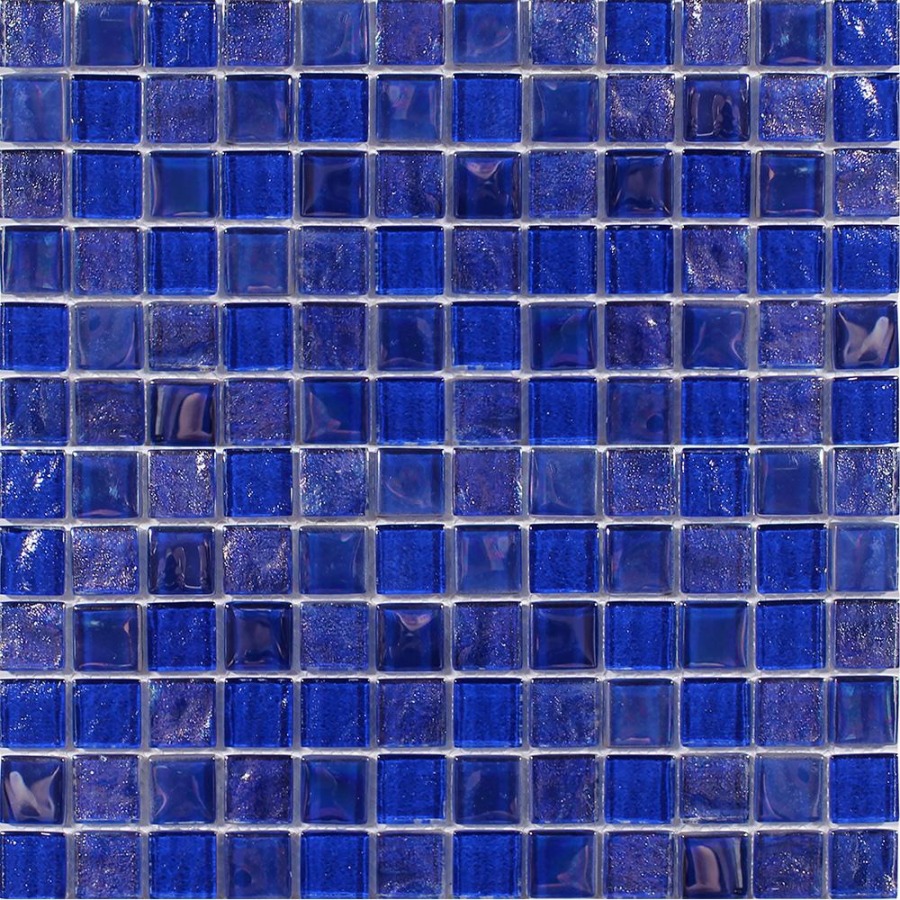 A mosaic pattern composed of small, glossy blue tiles arranged uniformly in a grid layout.