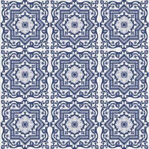 This image showcases a symmetrical tile pattern in blue and white, featuring intricate floral and geometric designs.