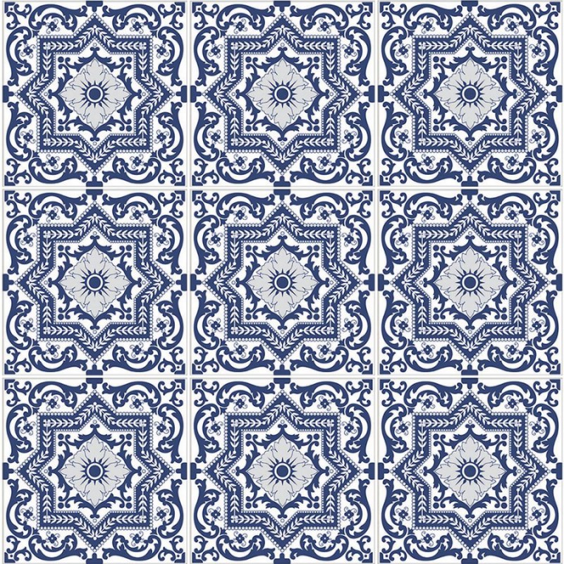 This image showcases a symmetrical tile pattern in blue and white, featuring intricate floral and geometric designs.