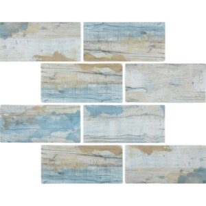 A collage of tiles with an abstract design featuring soft blue and beige tones, evoking a serene and artistic aesthetic.