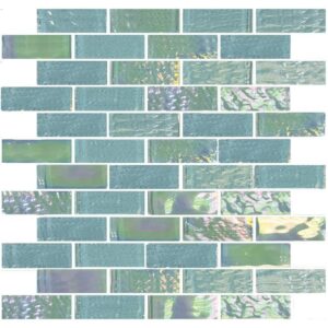 A mosaic of glossy, iridescent tiles in various shades of blue and green, arranged in a horizontal pattern.