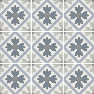 A patterned tile design in gray and blue featuring diamond shapes with floral motifs, arranged in a geometric layout.