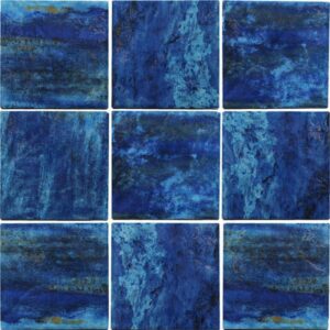 A grid of nine abstract blue square panels with varied textures and shades, creating a harmonious blend of deep blues and lighter hues.