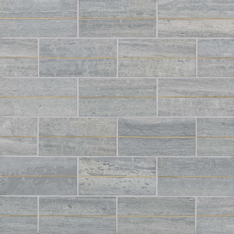 Ferrara Honed Marble Tile in Argento with Brass Inlay, 3" x 6"